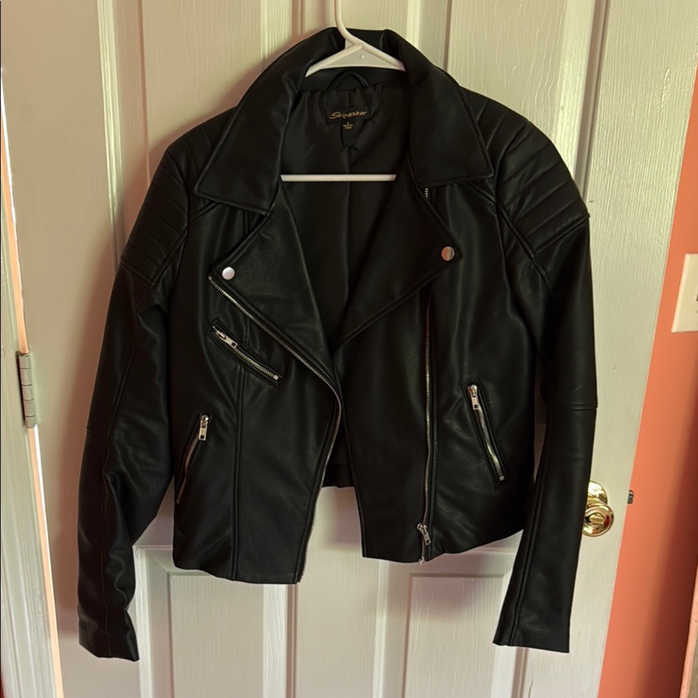Shinestar Black Leather Moto Jacket Asymmetrical Design